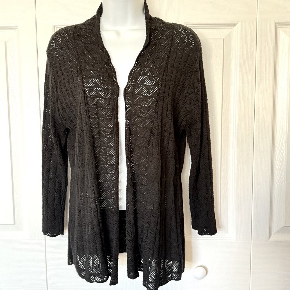Notations OPEN CARDIGAN SWEATER Black Knit Lacey Long Sleeve Lightweight Shrug
